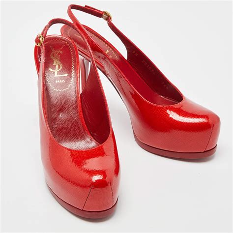 ysl sling back tribtoo shoe 37.5|Saint Laurent Red Patent Leather Tribtoo Slingback .